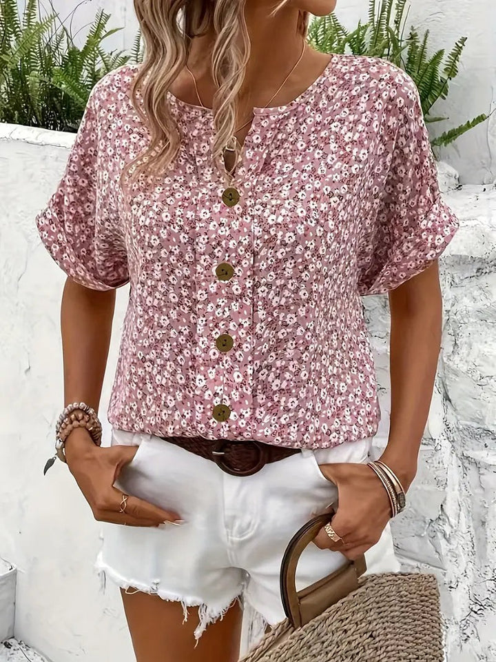Floral Top | Button Front | Short Sleeve | Relaxed Fit-Fashion Nora