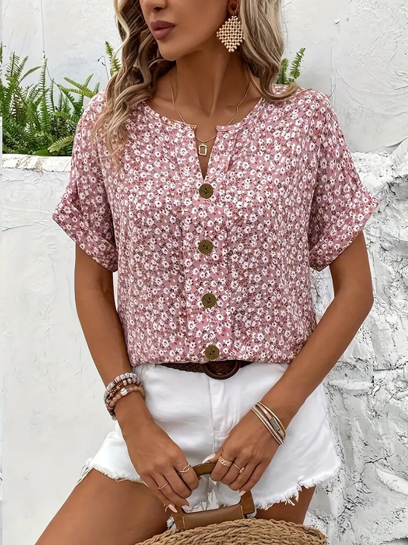 Floral Top | Button Front | Short Sleeve | Relaxed Fit-Fashion Nora
