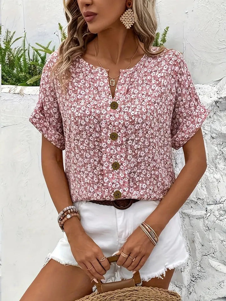 Floral Top | Button Front | Short Sleeve | Relaxed Fit-Fashion Nora