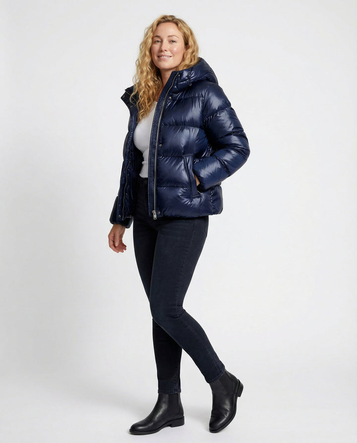 Women's Puffer Jacket | Hooded | Glossy Quilted | Side Pockets-Fashion Nora