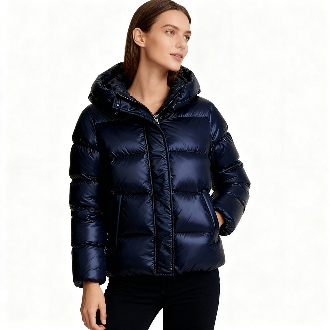 Women's Puffer Jacket | Hooded | Glossy Quilted | Side Pockets-Fashion Nora