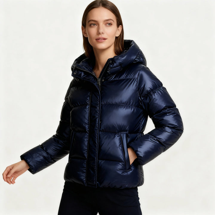 Women's Puffer Jacket | Hooded | Glossy Quilted | Side Pockets-Fashion Nora