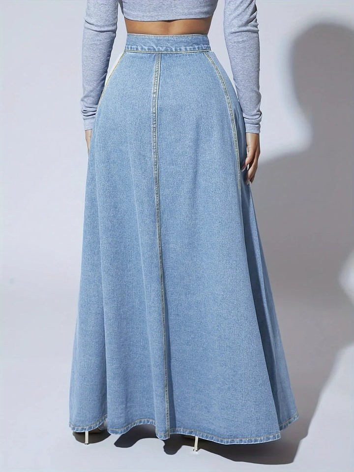 Long Denim Skirt | A Line Flared Maxi | High Waist | Buttons - Fashion Nora