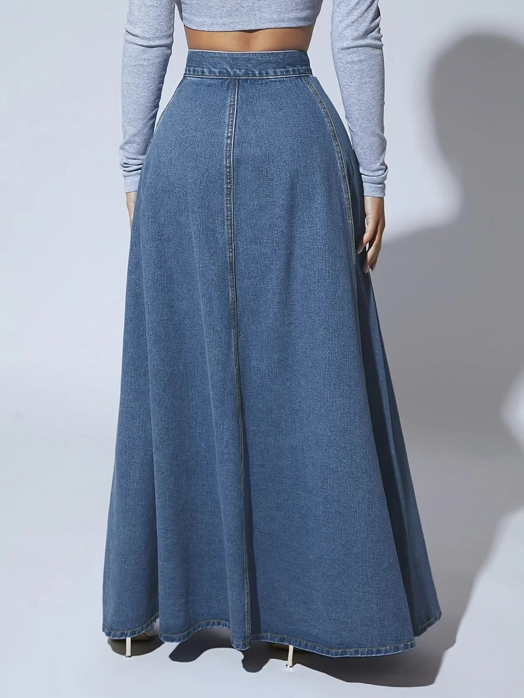Long Denim Skirt | A Line Flared Maxi | High Waist | Buttons - Fashion Nora