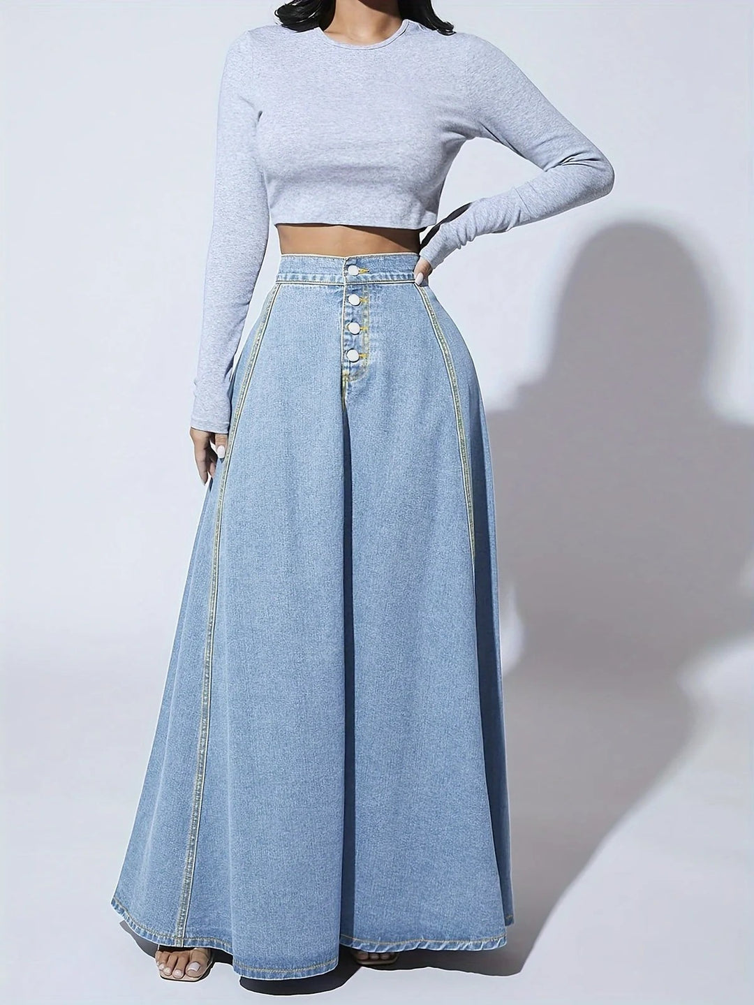 Long Denim Skirt | A Line Flared Maxi | High Waist | Buttons - Fashion Nora