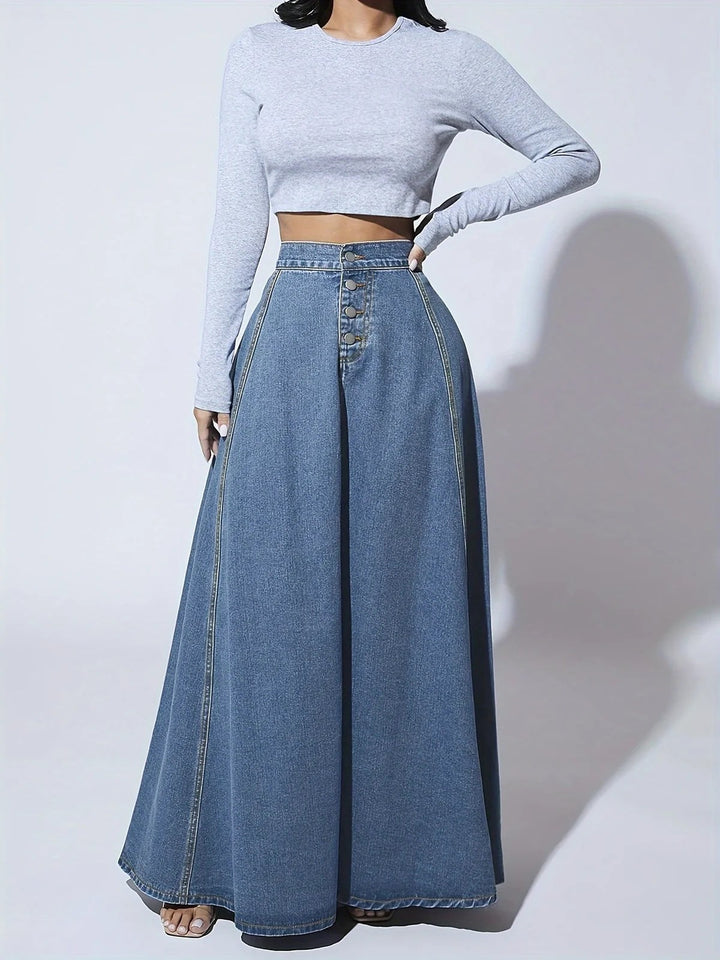Long Denim Skirt | A Line Flared Maxi | High Waist | Buttons - Fashion Nora