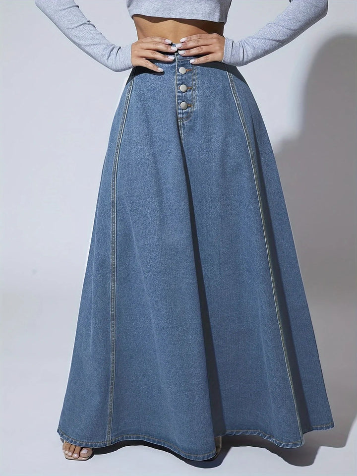 Long Denim Skirt | A Line Flared Maxi | High Waist | Buttons - Fashion Nora