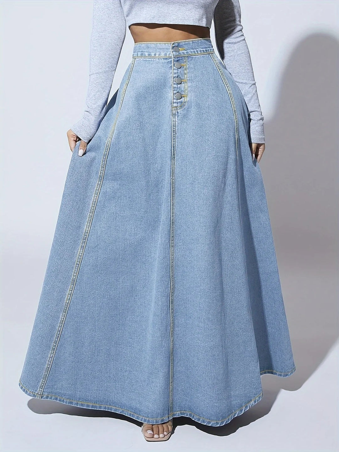 Long Denim Skirt | A Line Flared Maxi | High Waist | Buttons - Fashion Nora