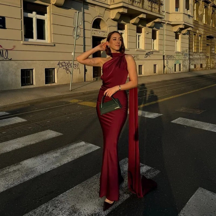 Maxi Dress | Draped One Shoulder Wedding Guest Formal-Fashion Nora