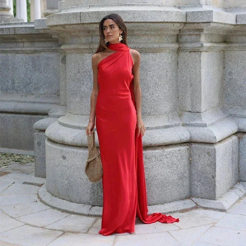 Maxi Dress | Draped One Shoulder Wedding Guest Formal-Fashion Nora