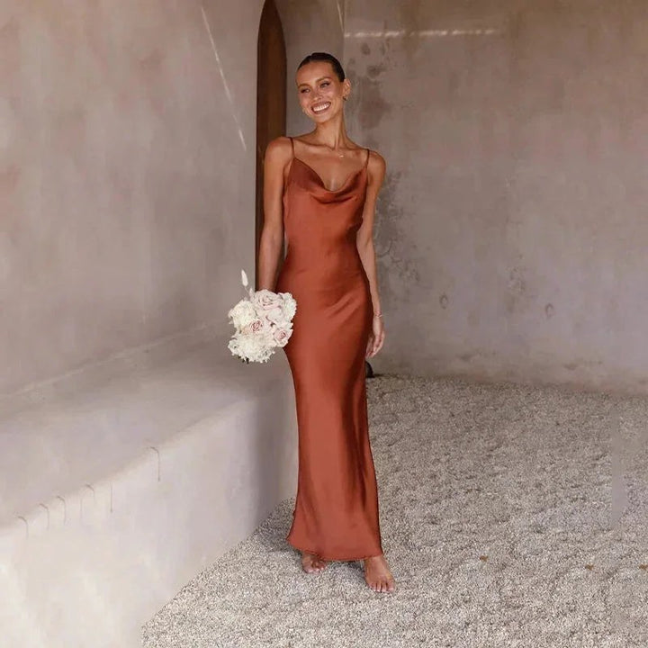 Maxi Dress | Satin Cowl Neck | Sleeveless Wedding Guest-Fashion Nora