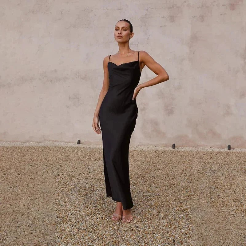 Maxi Dress | Satin Cowl Neck | Sleeveless Wedding Guest-Fashion Nora