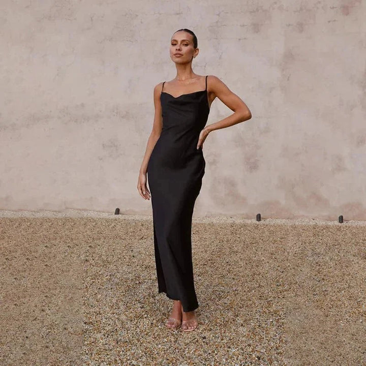 Maxi Dress | Satin Cowl Neck | Sleeveless Wedding Guest-Fashion Nora