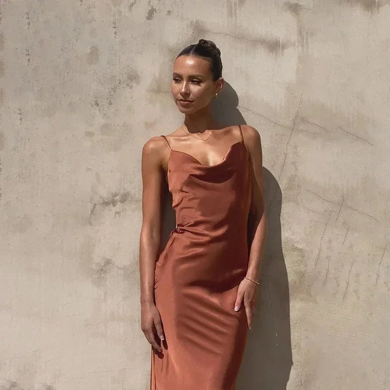Maxi Dress | Satin Cowl Neck | Sleeveless Wedding Guest-Fashion Nora