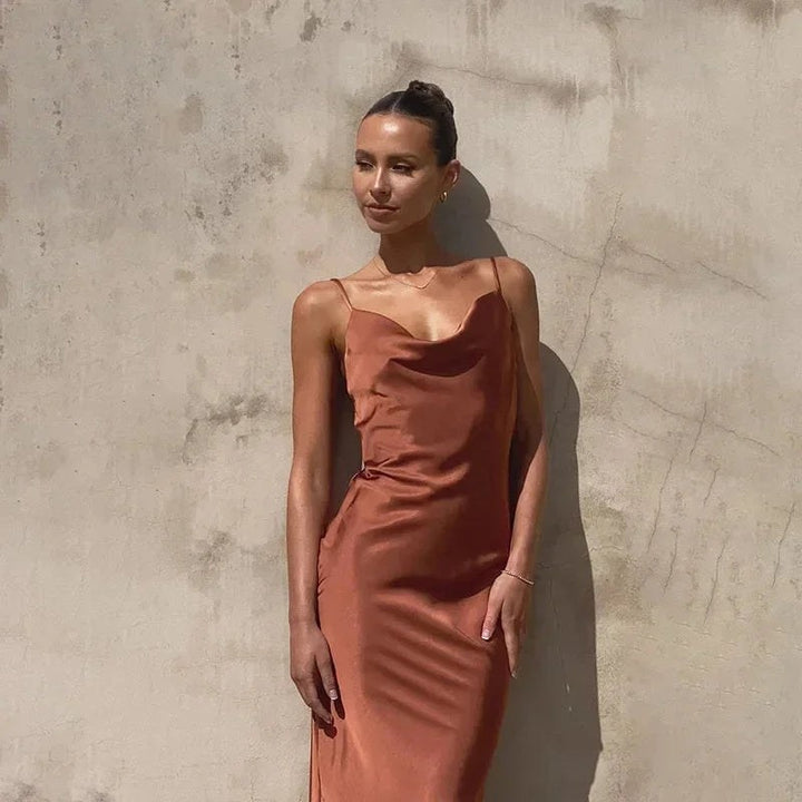 Maxi Dress | Satin Cowl Neck | Sleeveless Wedding Guest-Fashion Nora