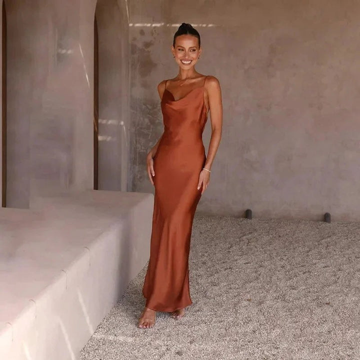 Maxi Dress | Satin Cowl Neck | Sleeveless Wedding Guest-Fashion Nora