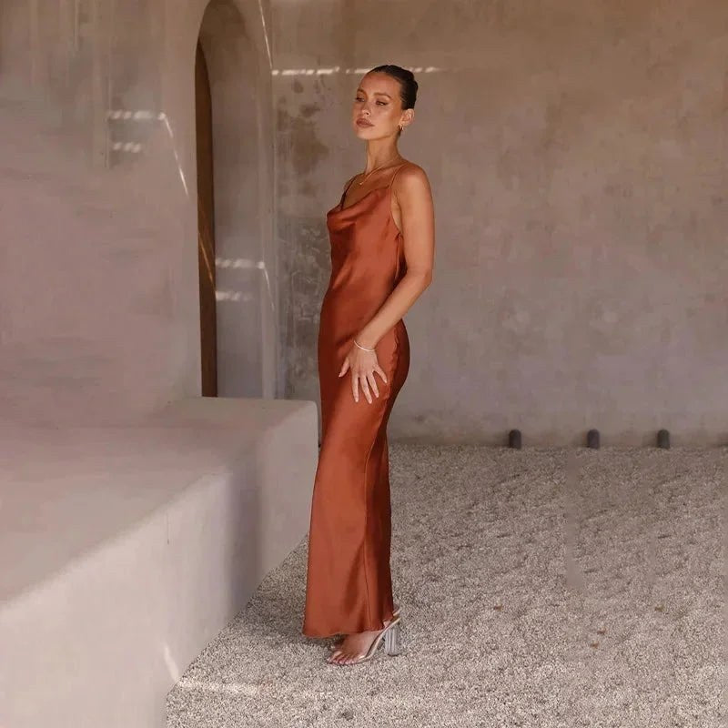 Maxi Dress | Satin Cowl Neck | Sleeveless Wedding Guest-Fashion Nora