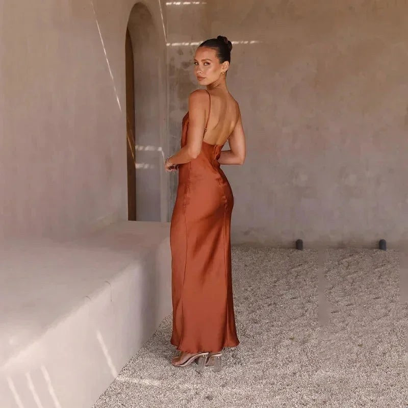 Maxi Dress | Satin Cowl Neck | Sleeveless Wedding Guest-Fashion Nora