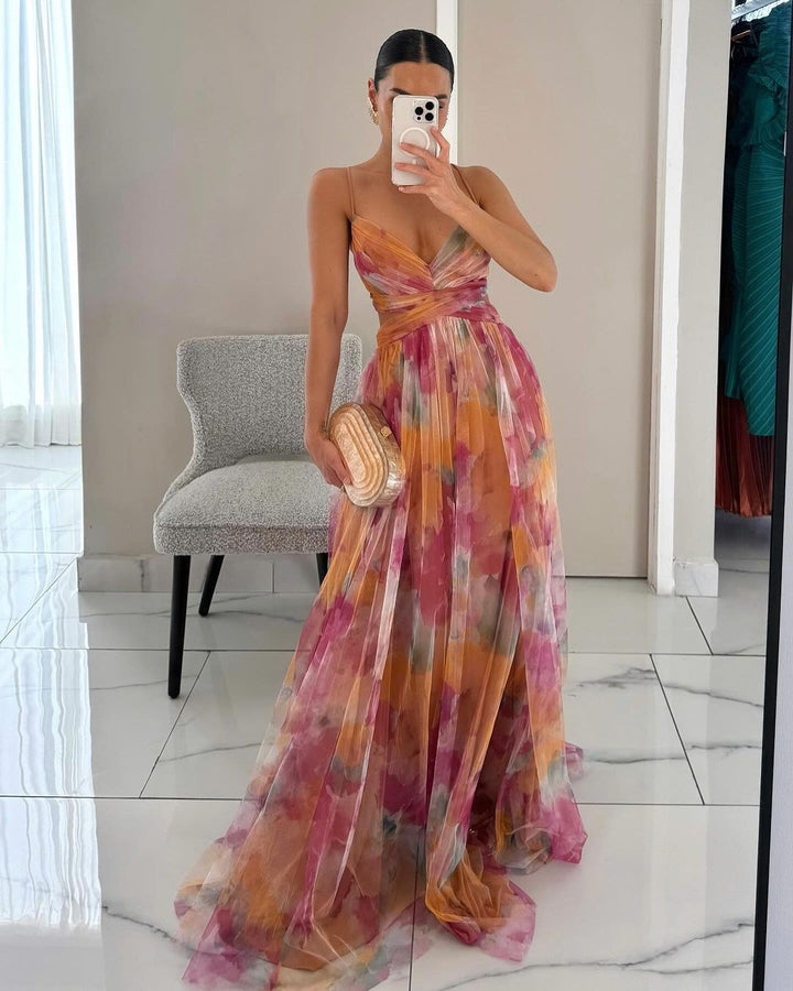 Maxi Dress | Wedding Guest Formal Abstract Multicolour V Neck-Fashion Nora