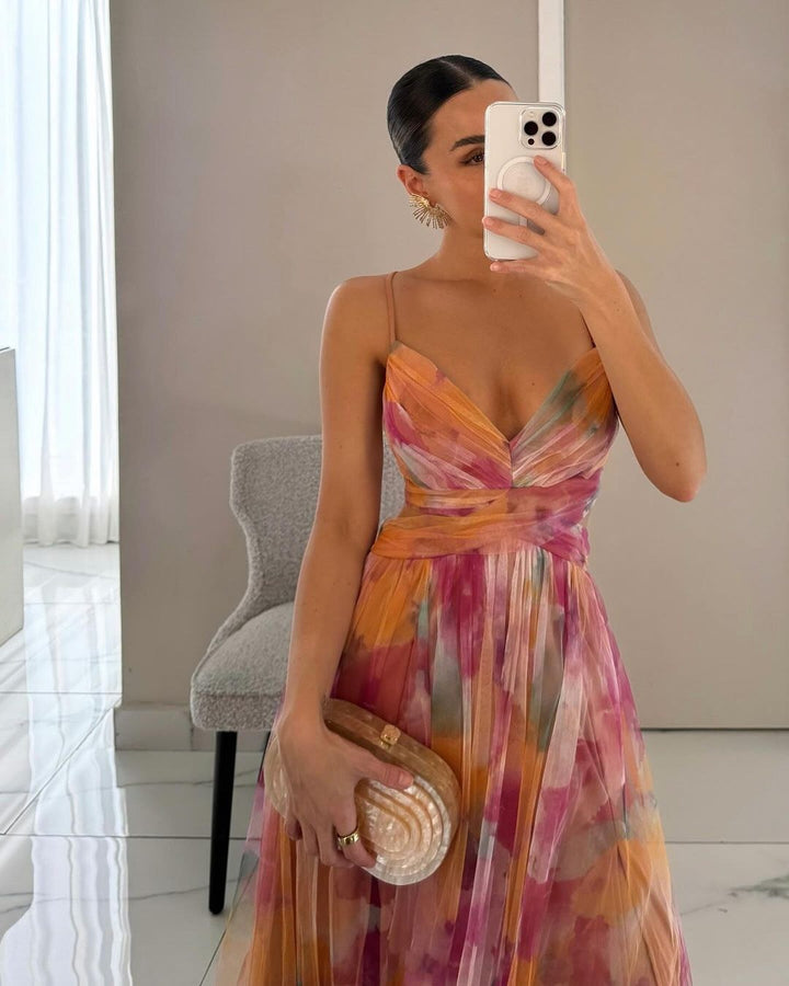 Maxi Dress | Wedding Guest Formal Abstract Multicolour V Neck-Fashion Nora
