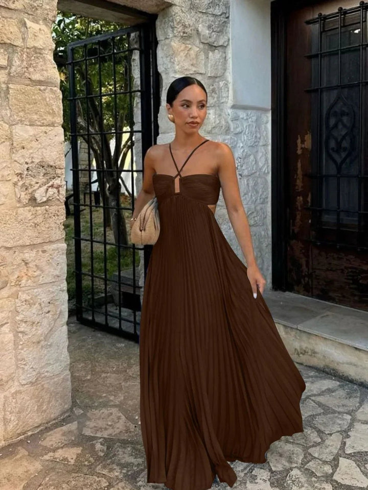 Maxi Dress | Wedding Guest Formal Halter Cut Out Pleated-Fashion Nora