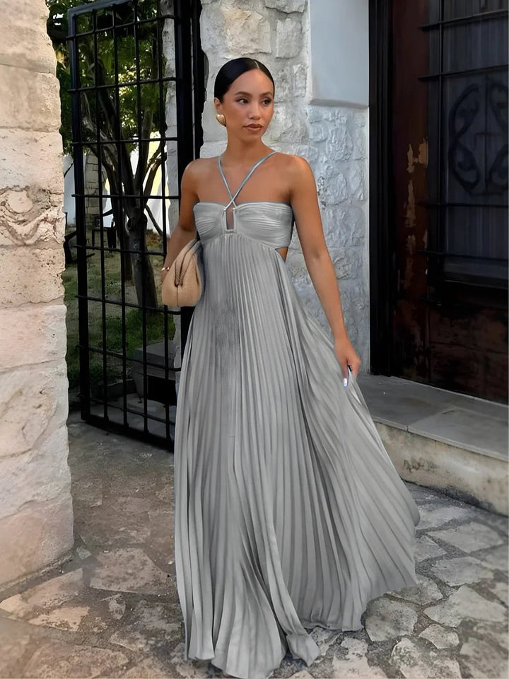 Maxi Dress | Wedding Guest Formal Halter Cut Out Pleated-Fashion Nora