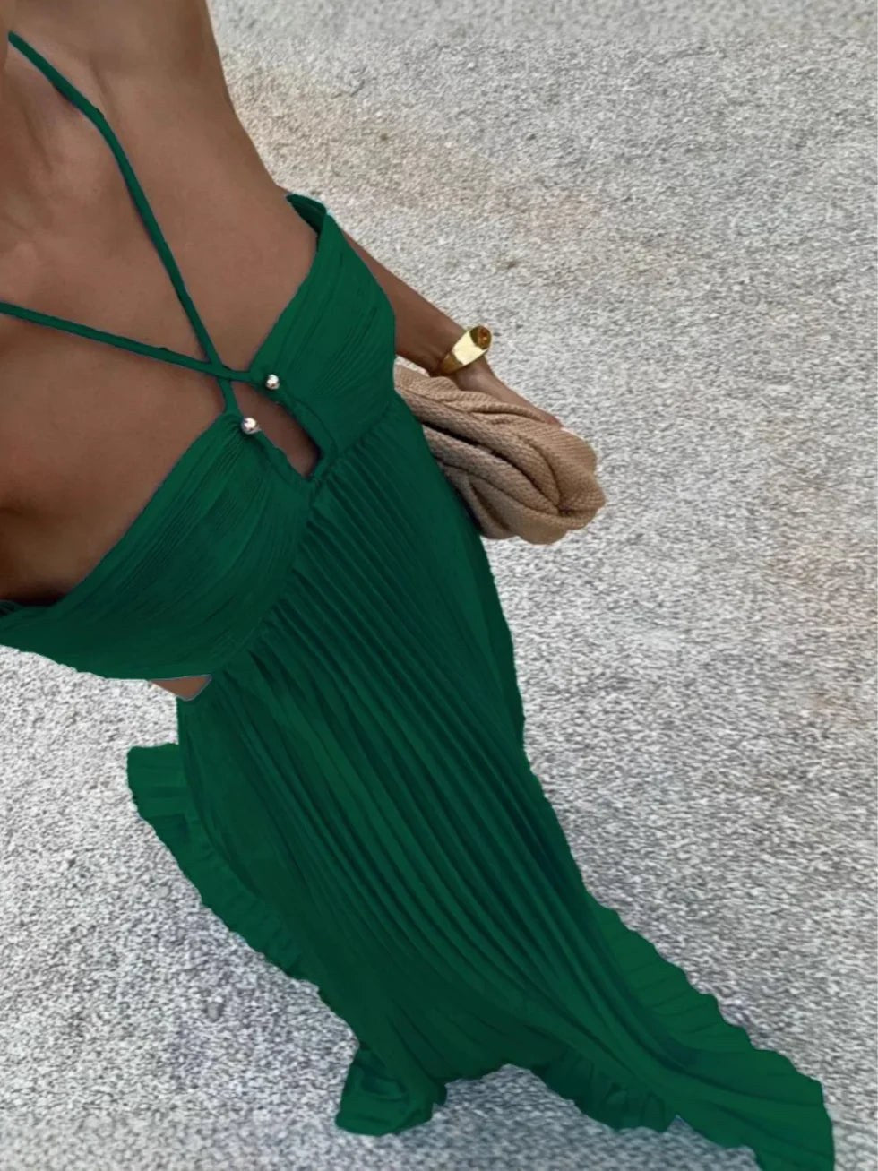 Maxi Dress | Wedding Guest Formal Halter Cut Out Pleated-Fashion Nora