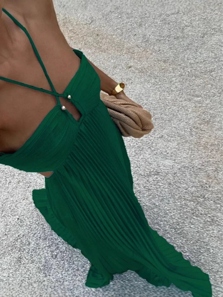 Maxi Dress | Wedding Guest Formal Halter Cut Out Pleated-Fashion Nora