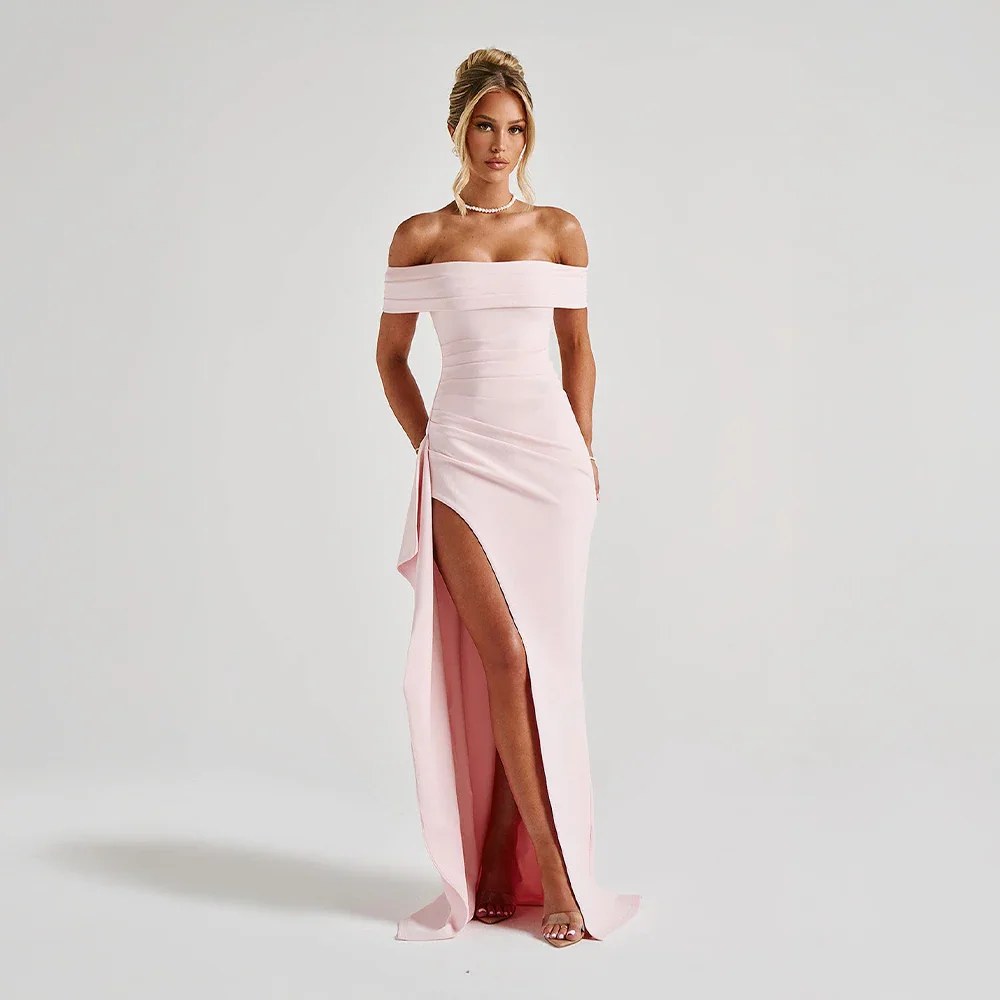 Maxi Dress | Wedding Guest Formal | Split, Bare Shoulders-Fashion Nora