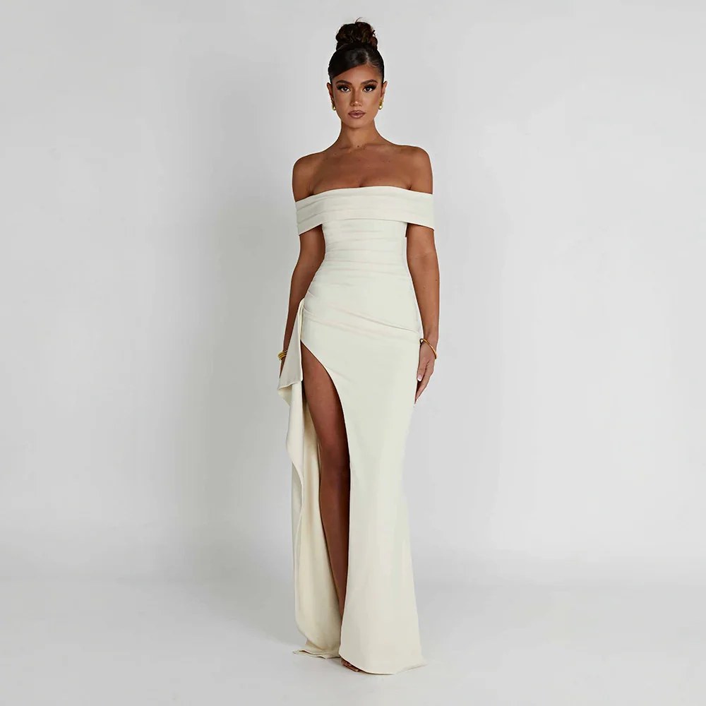 Maxi Dress | Wedding Guest Formal | Split, Bare Shoulders-Fashion Nora