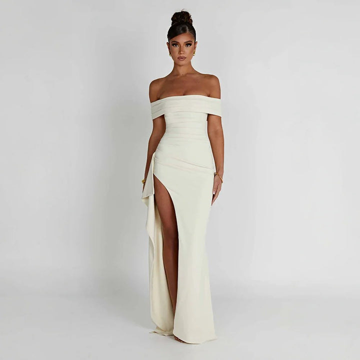 Maxi Dress | Wedding Guest Formal | Split, Bare Shoulders-Fashion Nora