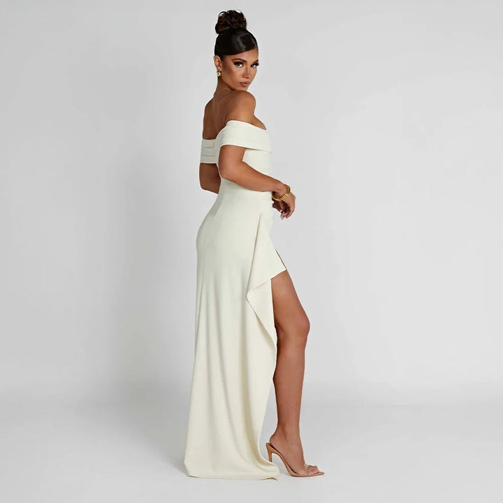 Maxi Dress | Wedding Guest Formal | Split, Bare Shoulders-Fashion Nora