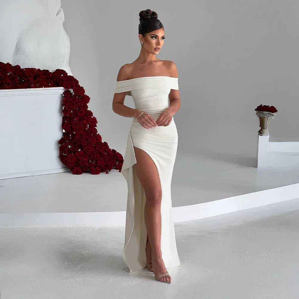 Maxi Dress | Wedding Guest Formal | Split, Bare Shoulders-Fashion Nora