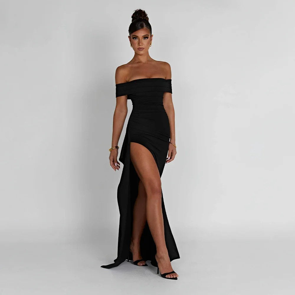 Maxi Dress | Wedding Guest Formal | Split, Bare Shoulders-Fashion Nora