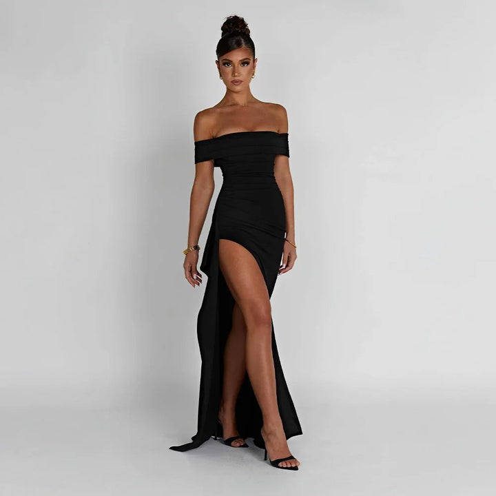 Maxi Dress | Wedding Guest Formal | Split, Bare Shoulders-Fashion Nora