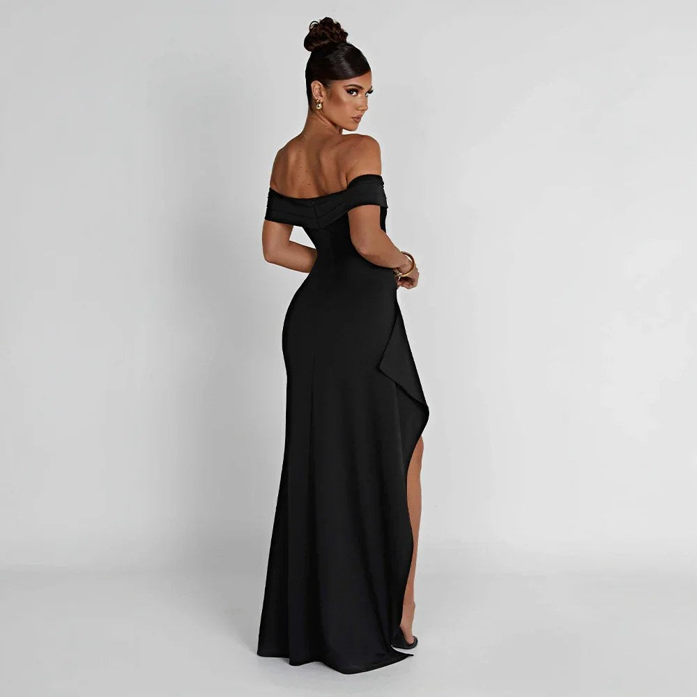 Maxi Dress | Wedding Guest Formal | Split, Bare Shoulders-Fashion Nora