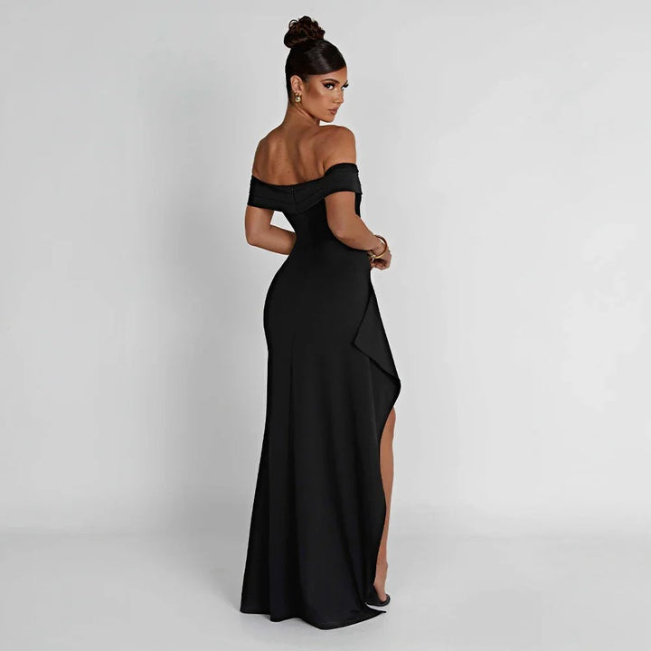 Maxi Dress | Wedding Guest Formal | Split, Bare Shoulders-Fashion Nora