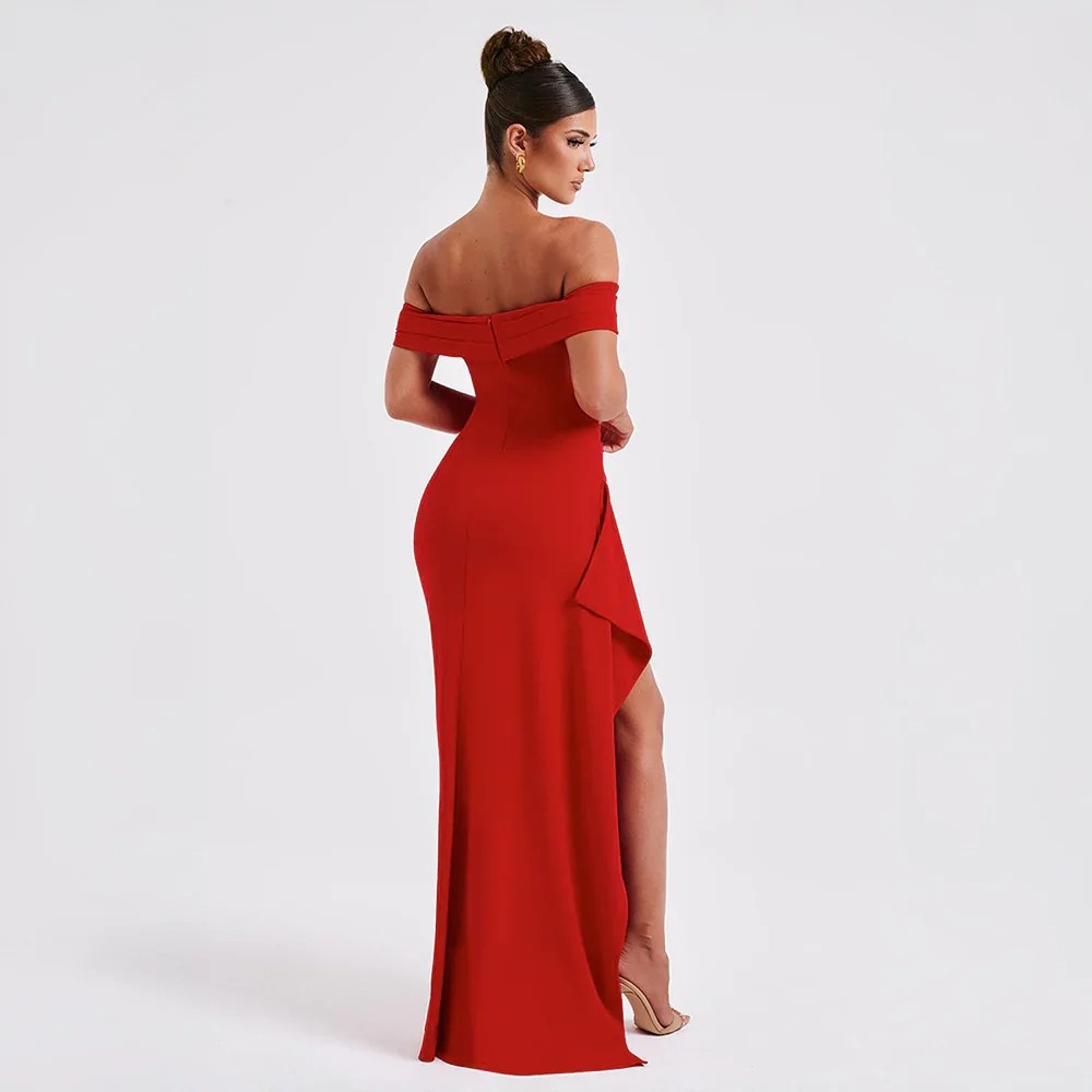 Maxi Dress | Wedding Guest Formal | Split, Bare Shoulders-Fashion Nora