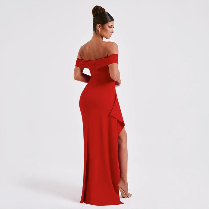 Maxi Dress | Wedding Guest Formal | Split, Bare Shoulders-Fashion Nora