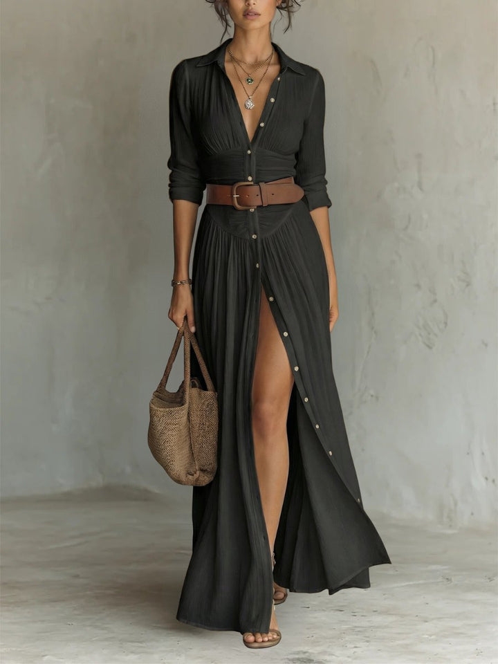 Maxi Shirt Dress | Boho | Button Front | Belted Waist-Fashion Nora