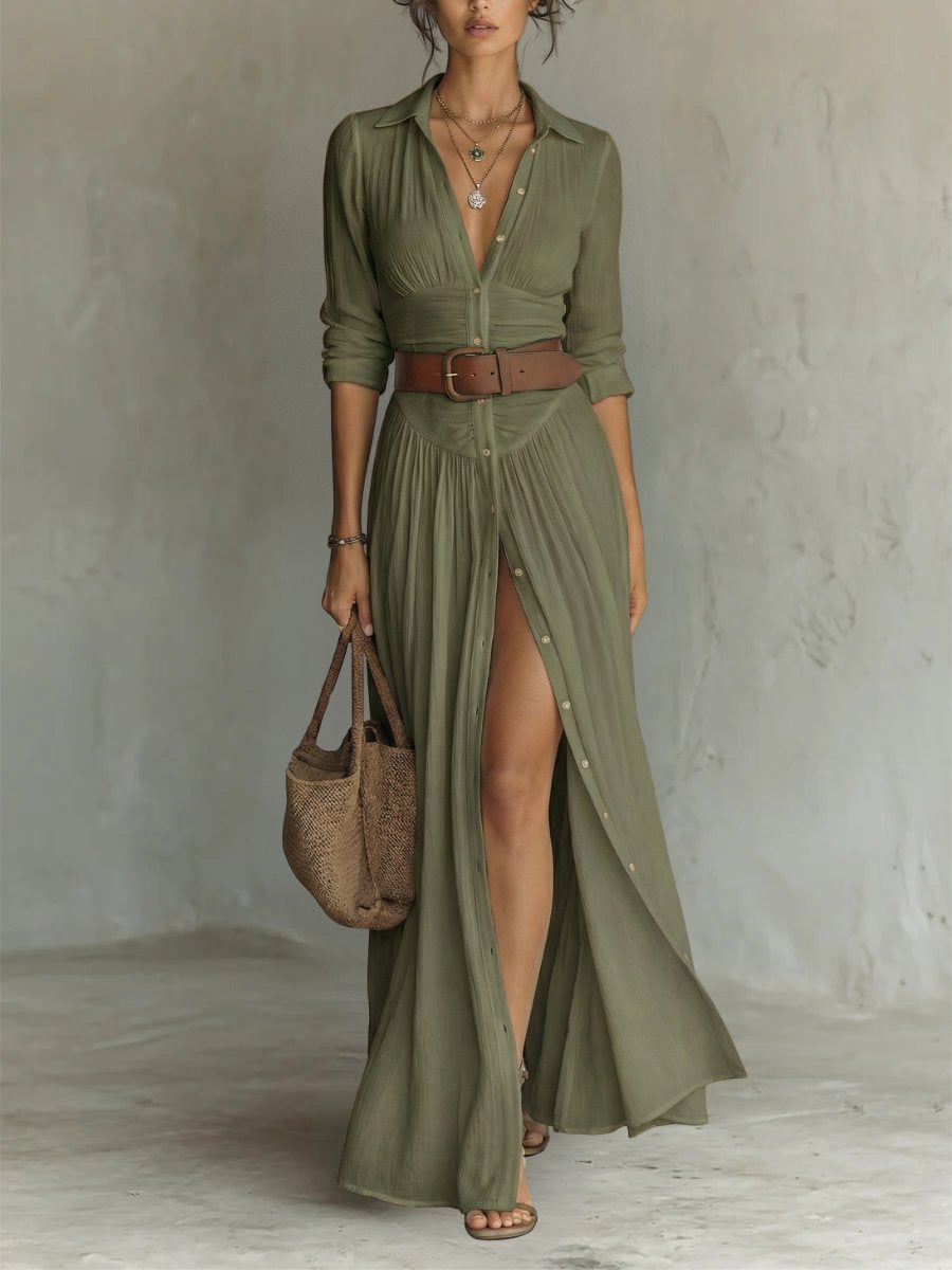 Maxi Shirt Dress | Boho | Button Front | Belted Waist-Fashion Nora
