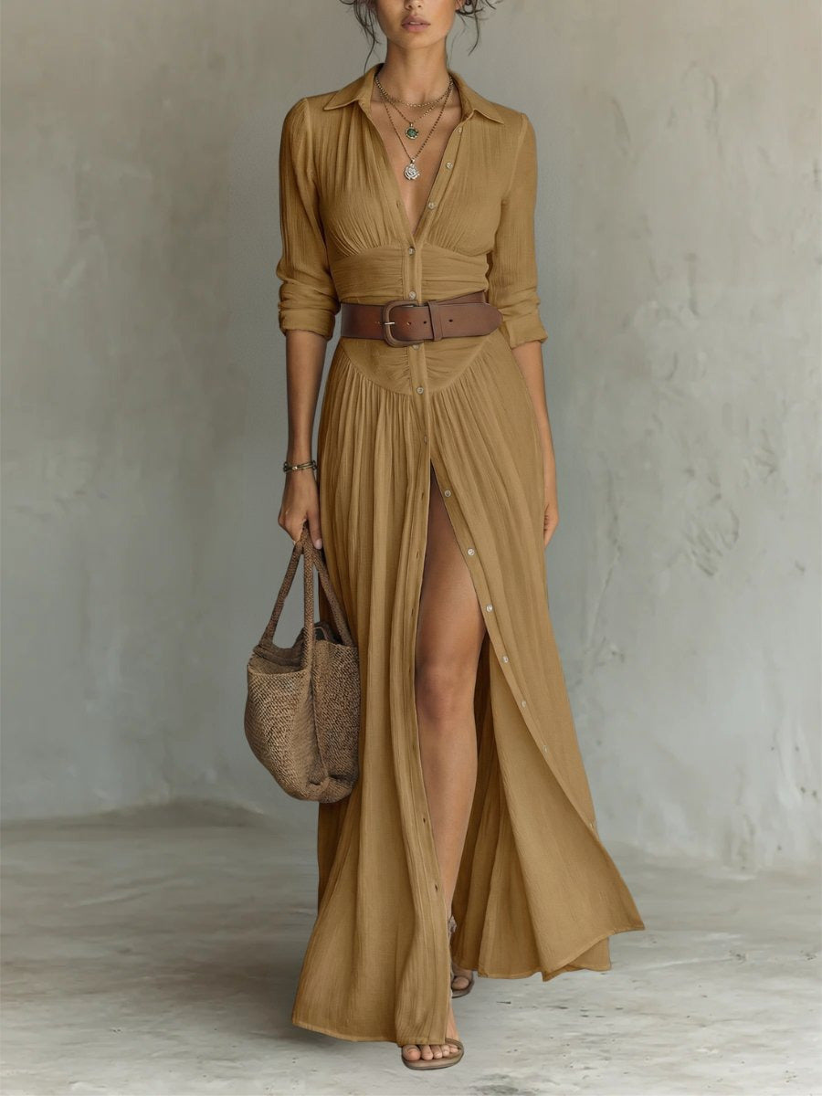 Maxi Shirt Dress | Boho | Button Front | Belted Waist-Fashion Nora