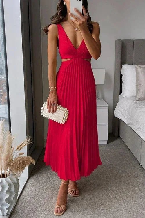 Midi Dress | Pleated Cutout V Neck | Sleeveless Cocktail-Fashion Nora