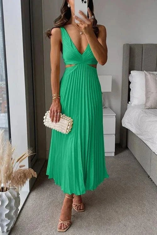 Midi Dress | Pleated Cutout V Neck | Sleeveless Cocktail-Fashion Nora
