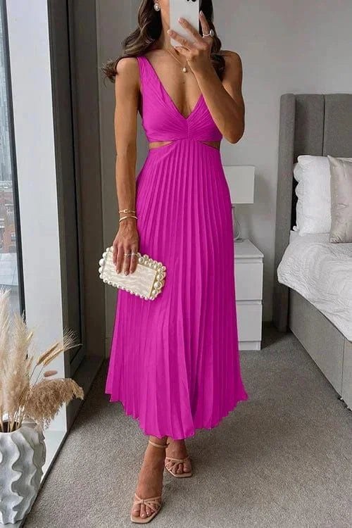 Midi Dress | Pleated Cutout V Neck | Sleeveless Cocktail-Fashion Nora