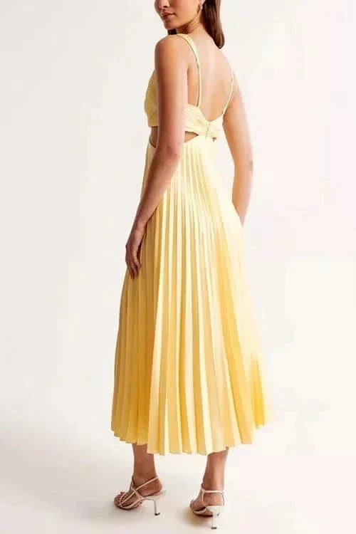 Midi Dress | Pleated Cutout V Neck | Sleeveless Cocktail-Fashion Nora