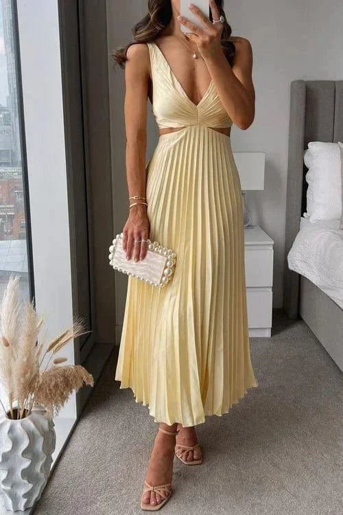Midi Dress | Pleated Cutout V Neck | Sleeveless Cocktail-Fashion Nora