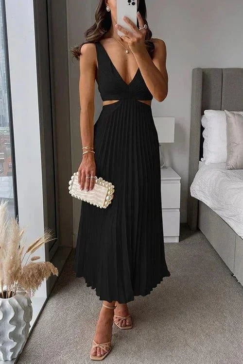 Midi Dress | Pleated Cutout V Neck | Sleeveless Cocktail-Fashion Nora