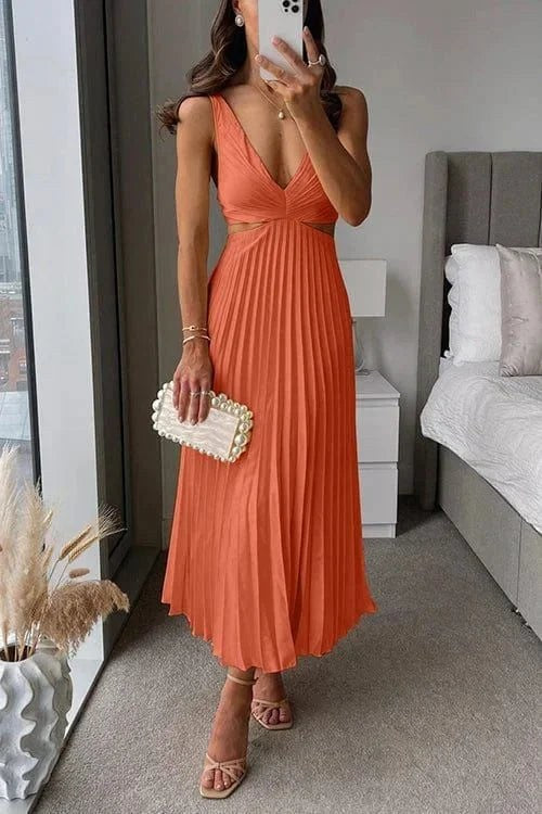 Midi Dress | Pleated Cutout V Neck | Sleeveless Cocktail-Fashion Nora
