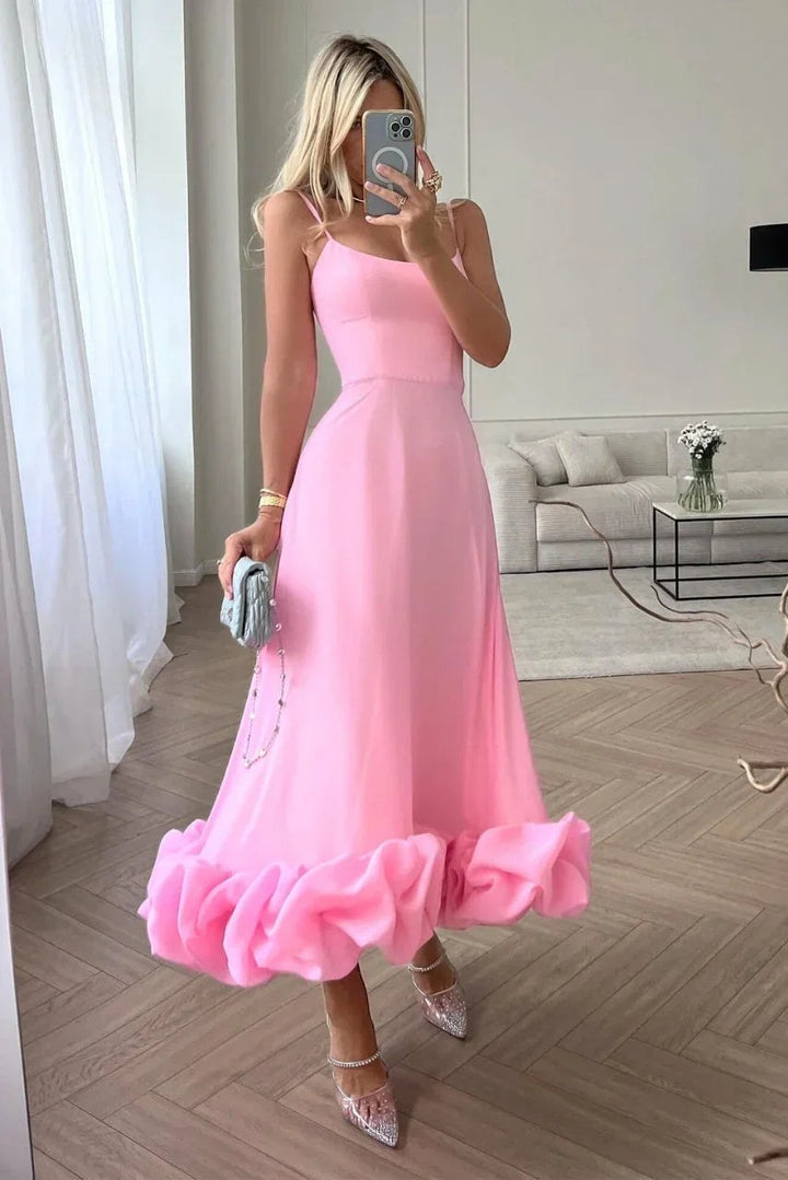 Midi Dress | Ruffles Thin Straps | Cocktail Wedding Guest-Fashion Nora